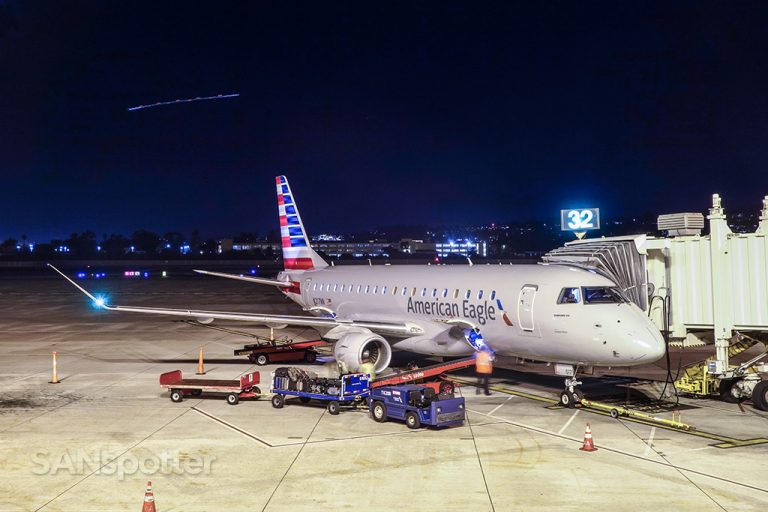 American eagle ERJ-175 San Diego airport at night