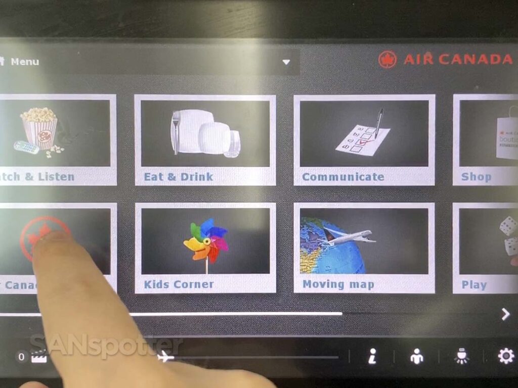 Air Canada 787-9 economy in-flight entertainment menu