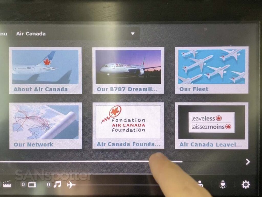 Air Canada 787-9 economy in-flight entertainment user interface