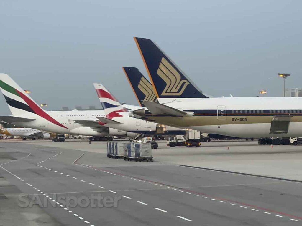 Close-up of aircraft at terminal Changi Airport Singapore