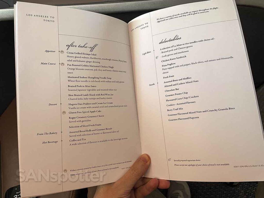 Singapore Airlines business class dinner menu Los Angeles to Tokyo