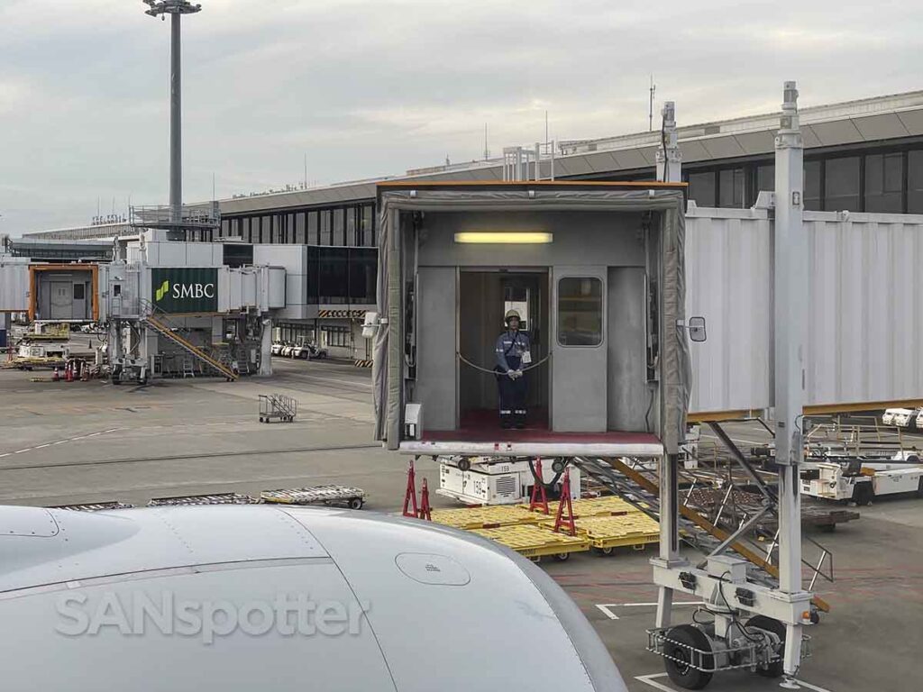 Pulling up to jet bridge Narita Airport