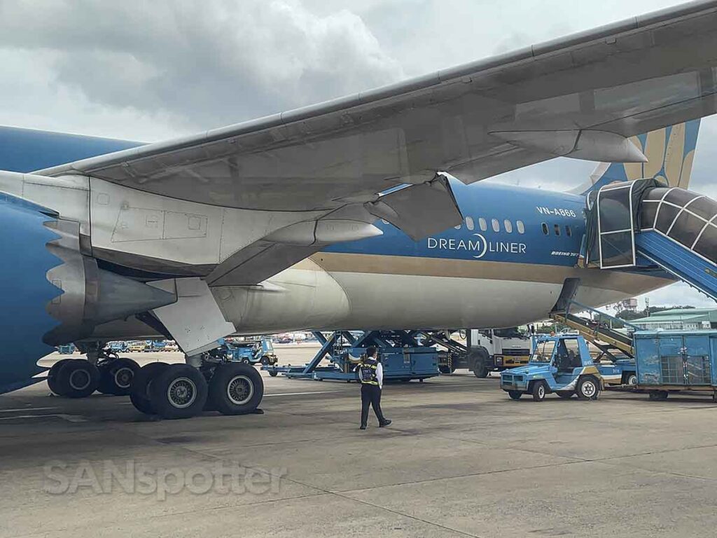 Close up view of Vietnam Airlines 787-9 from transfer bus to terminal at SGN