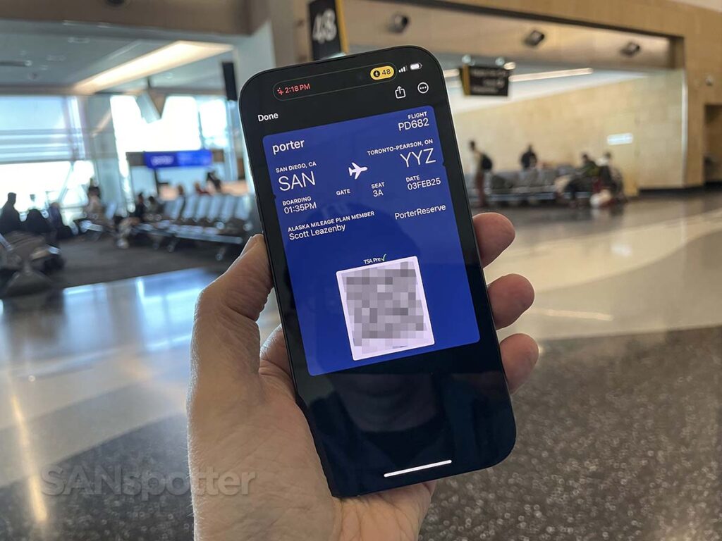 Porter airlines porter reserve mobile boarding pass San Diego to Toronto