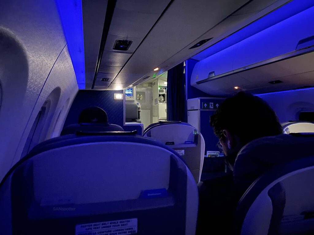 Mood lighting in Porter airlines PorterReserve just prior to landing